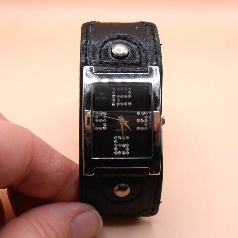 Unbranded Women's Black Watch w/ Leather Band and Rhinestone Numbers - AS IS
